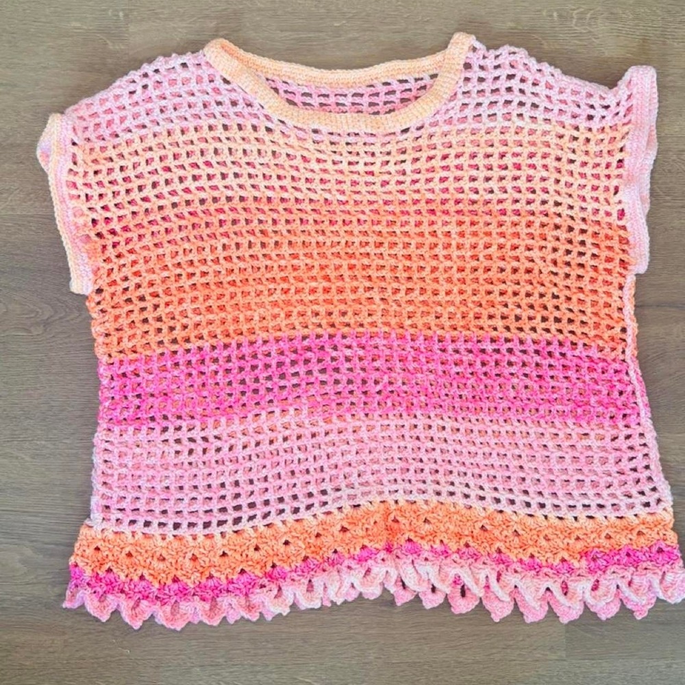 Handmade Pink Orange Crochet Crop Top Striped Open Knit Scalloped Hem Women